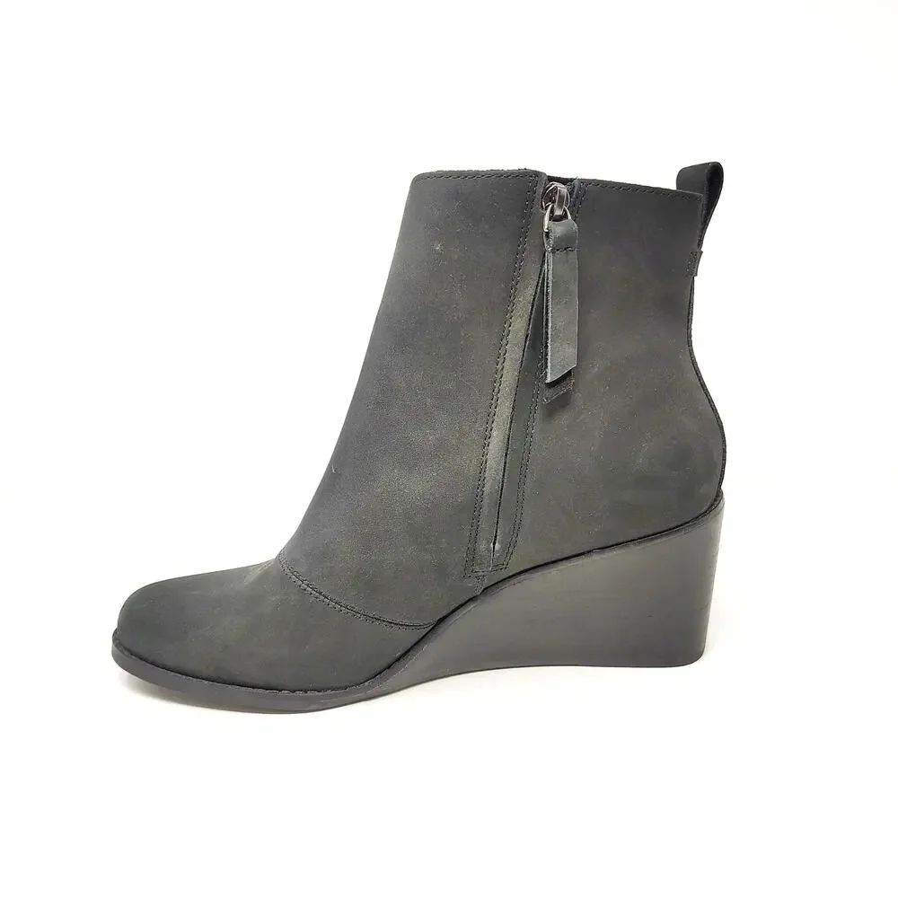 New Toms Shoes Womens 10 Boots Sutton Black Leather Wedge Zip Grunge Goth Emo